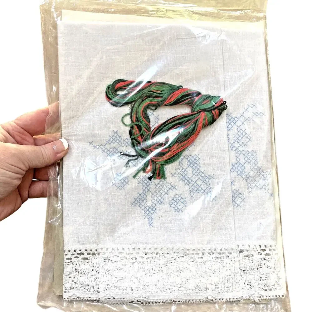 Progress Stamped Cross Stitch Holly Christmas kitchen towels (2) #1225 sealed